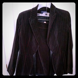 2 piece black velvet w red pinstripe skirt suit
